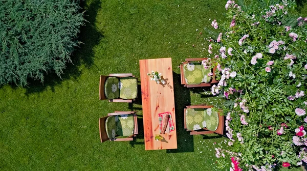 Mesa Decorada Com Queijo Morango Frutas Belo Jardim Rosas Verão — Fotografia de Stock