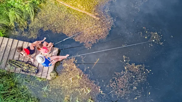快乐的家人和朋友夏天一起在湖边户外钓鱼 空中俯瞰 — 图库照片