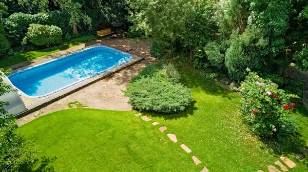 Piscine Dans Beau Jardin Vue Aérienne Sur Dessus — Photo