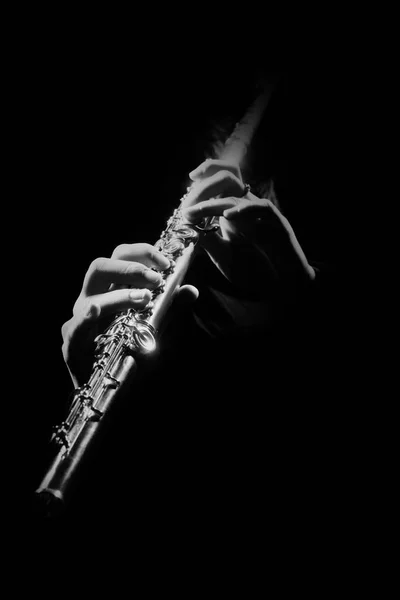 长笛乐器 演奏手演奏长笛音乐 球员与乐队仪器特写 黑色长笛 — 图库照片