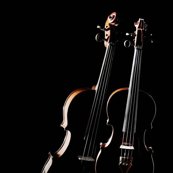 小提琴被隔离 两把小提琴的二重奏 管弦乐队的古典乐器 黑色背景下的小提琴和中提琴乐器 — 图库照片
