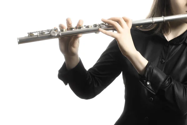 Flute Instrument Flutist Hands Playing Flute Isolated White Closeup Flute — Stock Photo, Image