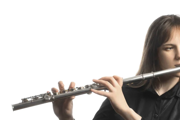 Флейтовый Инструмент Флатистские Руки Играют Флейте Изолированно Белом Крупный План — стоковое фото