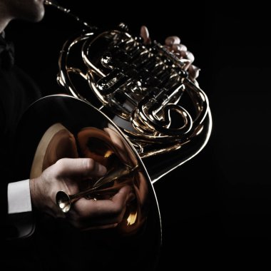 French horn player hands. Hornist playing brass orchestra music instrument closeup isolated clipart