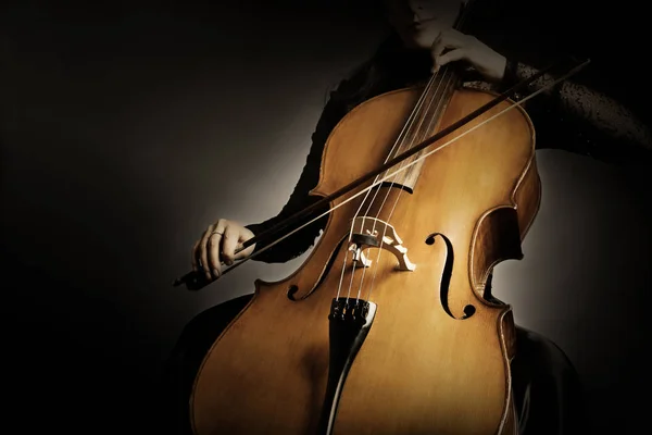 Violoncellista Mani Violoncello Con Orchestra Archi Strumento Musicale Primo Piano — Foto Stock