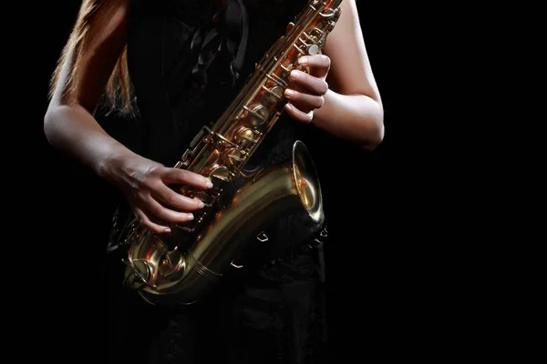Saxophone Player Jazzmusiker Saxofonist Händer Med Sax Musik Instrument Närbild — Stockfoto