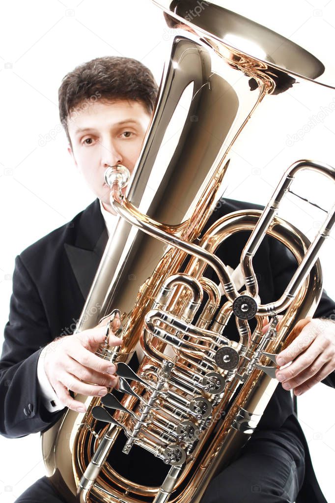 Tuba player brass instrument. Classical musician playing horn trumpet euphonium
