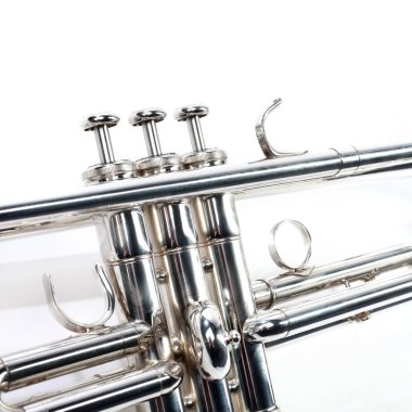 Trompet müzik pirinç enstrümanı. Nefesli/üflemeli saz portre. Beyaz izole trompet