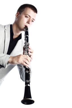 Clarinet player classical musician isolated. Man playing music woodwind instrument clipart