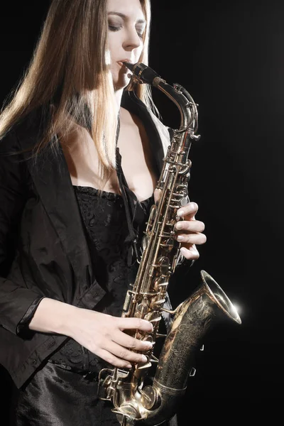 Saxofonist Jazz Muzikant Saxofonist Vrouw Saxofoon Spelen Saxofonist Stockafbeelding