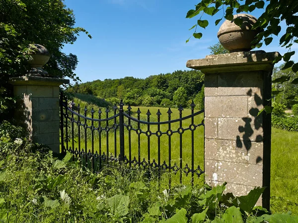 Klassiek Design Zwart Wrought Iron Gate Een Prachtige Groene Tuin — Stockfoto