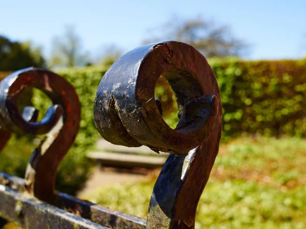 Klassisk Design Svart Wrought Iron Gate Vacker Grön Trädgård — Stockfoto
