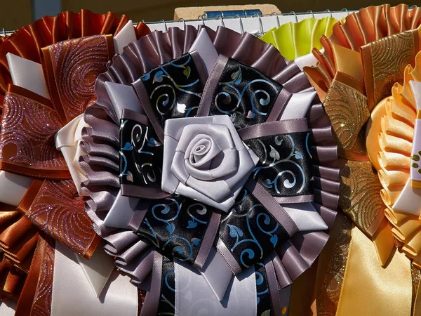 Selection Colorful Beautiful Creative Ribbon Prizes Made Silk — Stock Photo, Image