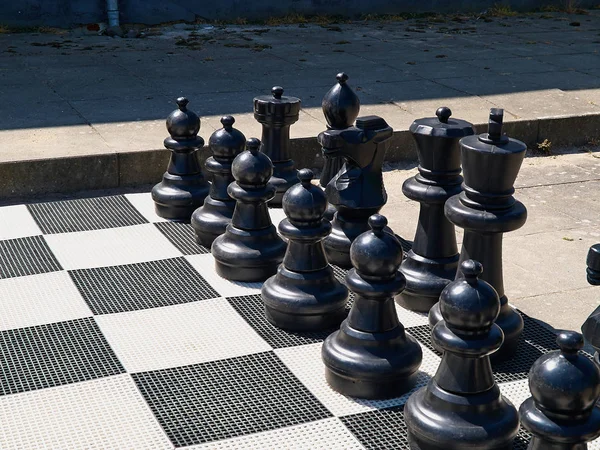 Outdoor Street Chess Board Big Black Plastic Pieces City Leisure — Stock Photo, Image