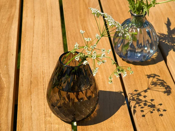 Beautiful Hemlock Flowers Glass Vase Decoration Garden Wooden Table — Stock Photo, Image