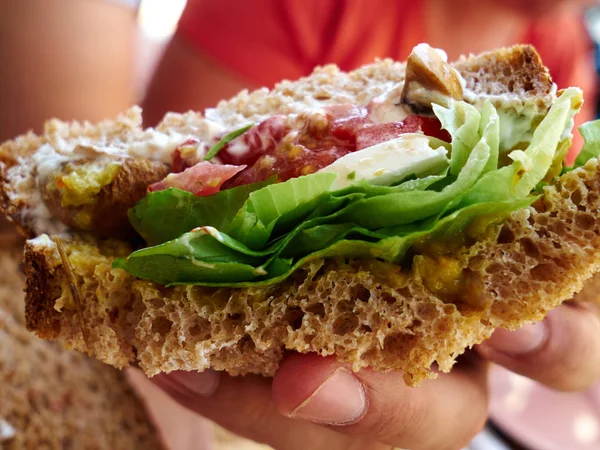 Gezonde verse sandwich van donker volkoren brood met plakjes — Stockfoto