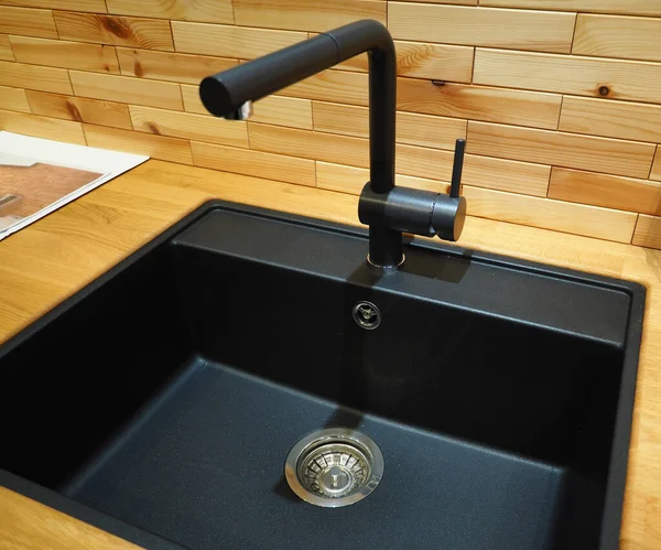 Fürdőszoba Belső Részletek Elegáns Trendi Ultra Modern Design Fekete Mosogató — Stock Fotó