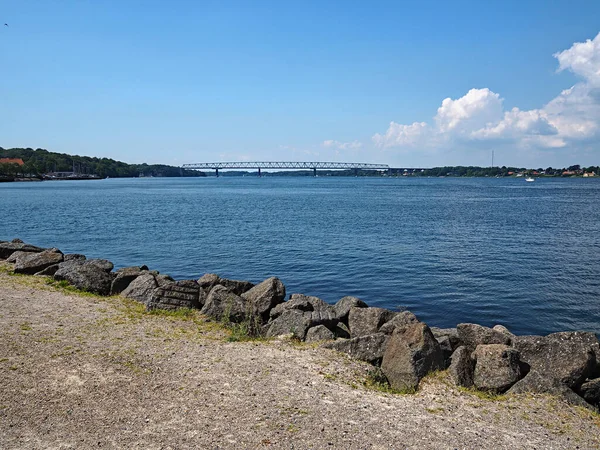 Old Little Belt Bridge Och Liten Stad Middelfart Danmark Skandinavien — Stockfoto