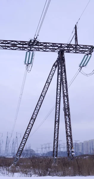 Ligne Transport Électricité Dans Soirée Nuageuse Hiver Industriel Nature — Photo