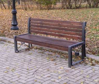 Sessiz bir sonbahar kenti parkında eski ahşap bir bank. arkaplan, doğa.