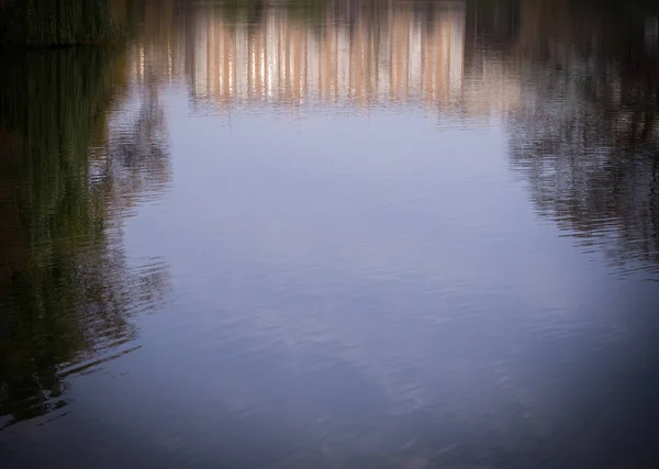 Озеро Отражениями Опавшими Листьями Закате Городском Парке Осенью Озил Природа — стоковое фото