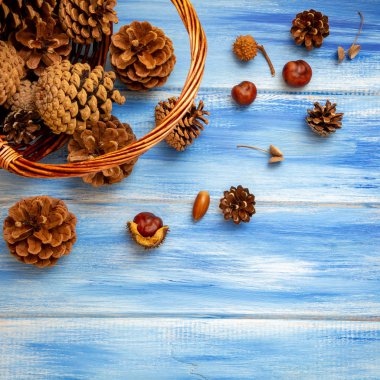 Mavi bir arka plan üzerinde kahverengi külah. Yeni yıl, yılbaşı ve sonbahar arka plan. Doğal ülke stil. Minimalizm