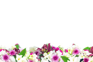 Bir buket çiçek ile arka plan. Metin eklemek için bir yer. Çiçek frezya, gül, orkide.