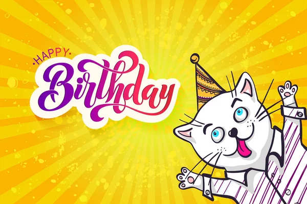 Kawaii Cat Shirt Cap Lettering Happy Birthday Vector Illustration Greeting — Stock Vector