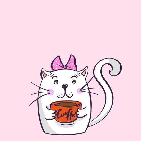 Kawaii Gato Blanco Contento Con Lazo Una Taza Café Sus — Archivo Imágenes Vectoriales