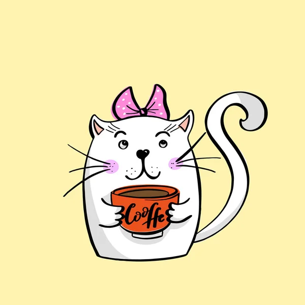 Kawaii Gato Branco Satisfeito Com Arco Uma Xícara Café Suas — Vetor de Stock