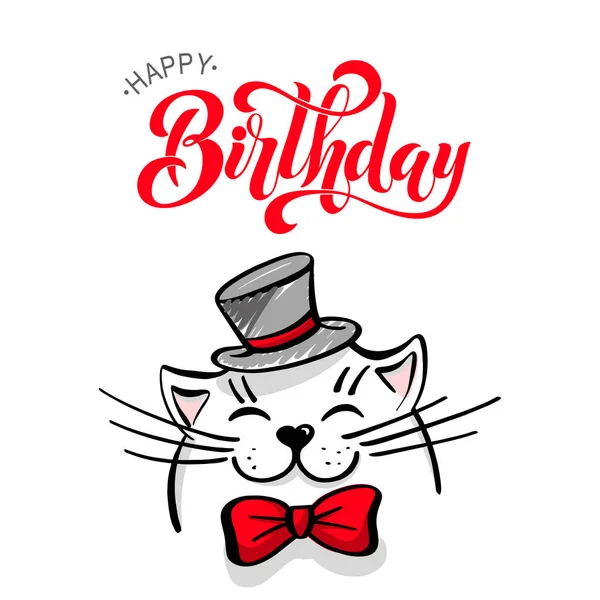 Kawaii, a contented white cat with a hat and bow tie. lettering happy birthday. Hand drawn vector illustration. Cartoon style — Stock Illustration Kawaii Contented White Cat Hat Bow Tie Lettering Happy Birthday Stock Vector