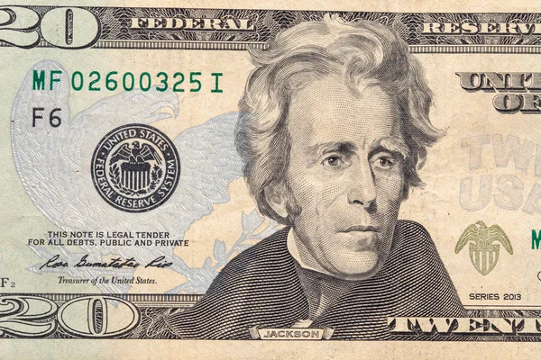 Närbild Tjugo Dollarsedel Bakgrund Dollarsedlar Amerikanska Dollar Kontanter Andrew Jackson — Stockfoto