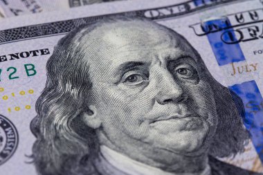 100 Doları closeup bill. Dolarlarına arka plan. Amerikan Doları nakit para. Benjamin Franklin'in portresi