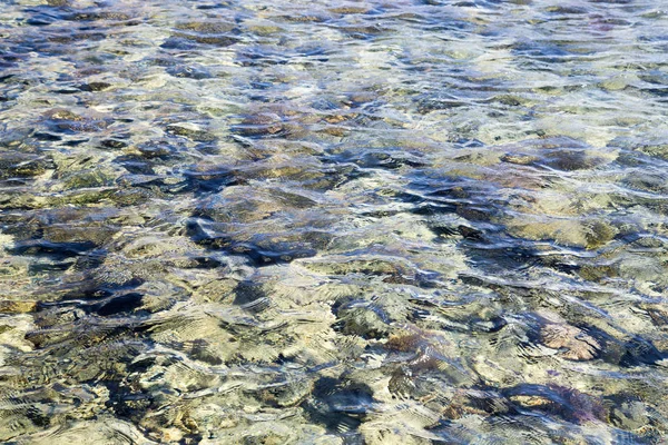 El arrecife de coral es visible a través del agua azul clara. Hermosa fotografía de onda azul del mar de cerca. Vacaciones en la playa en el mar o el océano. Fondo para insertar imágenes y texto. Turismo, viajes . —  Fotos de Stock