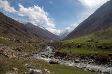 Dağ baharı manzarası. Dağ nehri, mavi gökyüzü. Dağlarda kasabadan güne. Bahar havası. Yeşil çimen.