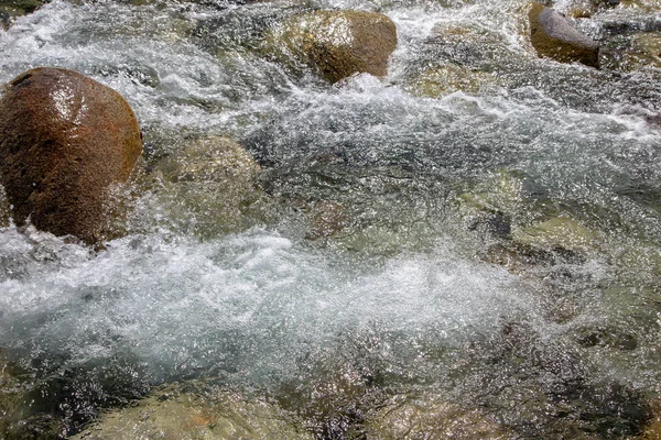 Vatten i berget Raging River. Vacker natur bakgrund av stenar och vatten. Konsistens av klart vatten och snabb flod. Bakgrund för att infoga text. Turism och resor. — Stockfoto