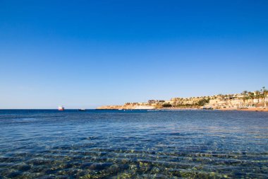Kızıldeniz Sahili, Concord Oteli. Şemsiye, şezlong ve palmiye ağaçları ile plaj. Arka plan turizmi ve seyahat. Dinlenme ve tatil.