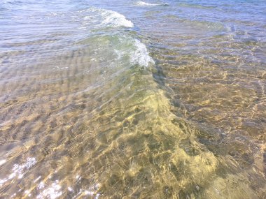Kumlu alt ile berrak su dokusu. Deniz kıyısında veya okyanusta dalga.