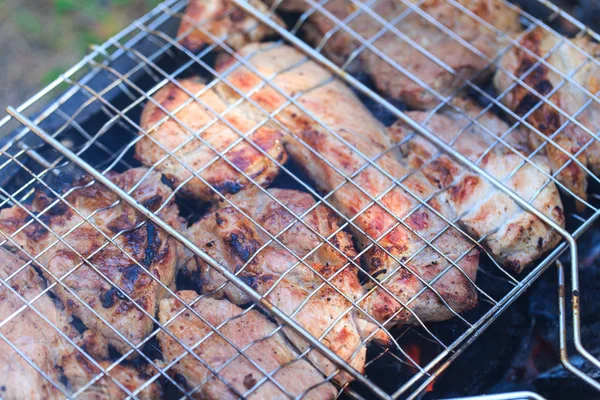 Grilled meat in barbecue with flames and coals. — Stock Photo, Image