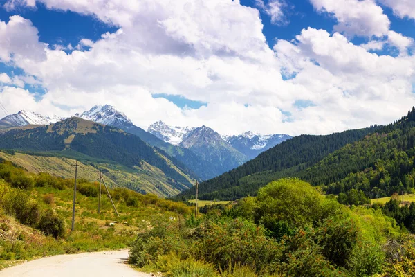 Landstraße hoch in den Bergen. hohe Bäume, schneebedeckte Berge und weiße Wolken am blauen Himmel. Kyrgyzstan schöne Landschaft. — Stockfoto