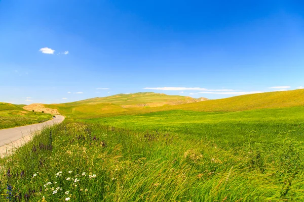 Beautiful spring and summer landscape. Mountain country road among green hills. Lush green hills, high mountains. Spring flowering grass.