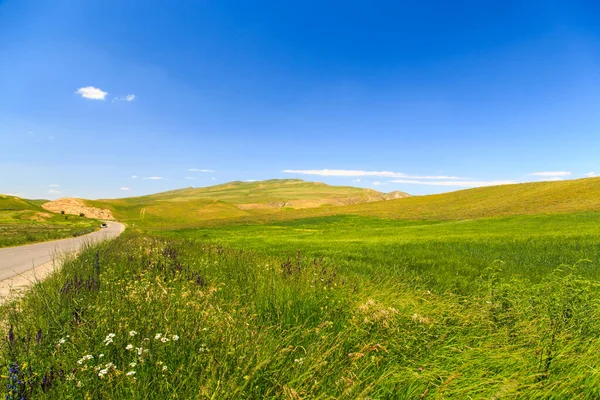 Güzel bahar ve yaz manzarası. Yeşil tepelerin arasındaki dağ yolu. Bereketli yeşil tepeler, yüksek dağlar. Bahar çiçekli çimenler.