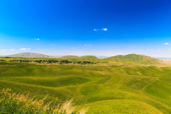 Lindas Paisagens Primavera Verão Colinas Verdes Exuberantes Altas Montanhas Nevadas — Fotografia de Stock