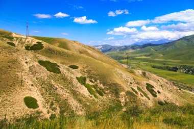Güzel bahar ve yaz manzarası. Bereketli yeşil tepeler, yüksek karlı dağlar. Bahar çiçekli bitkiler.