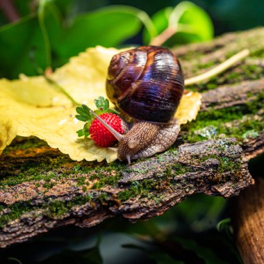Ağaç kabuğunda sürünen büyük salyangozlar. Vahşi doğada çekilmiş bir fotoğraf. Helicidae familyasından Burgudyan, üzüm veya Roma salyangozu..
