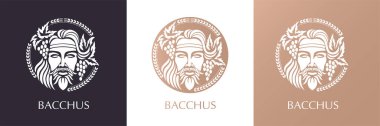 Adamın yüzü üzüm ve yapraklarla süslenmiş. Baküs ya da Dionysos. Şarap üreticileri ve bira üreticileri için bir tarz. Vektör illüstrasyonu