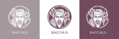 Adamın yüzü üzüm ve yapraklarla süslenmiş. Baküs ya da Dionysos. Şarap üreticileri ve bira üreticileri için bir tarz. Vektör illüstrasyonu