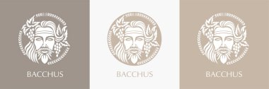 Man face logo with grape berries and leaves. Bacchus or Dionysus. A style for winemakers or brewers. Vector illustration clipart