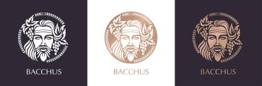 Adamın yüzü üzüm ve yapraklarla süslenmiş. Baküs ya da Dionysos. Şarap üreticileri ve bira üreticileri için bir tarz. Vektör illüstrasyonu