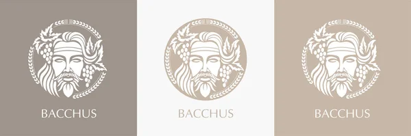 Man Ansikte Logotyp Med Vindruvor Och Blad Bacchus Eller Dionysos — Stock vektor